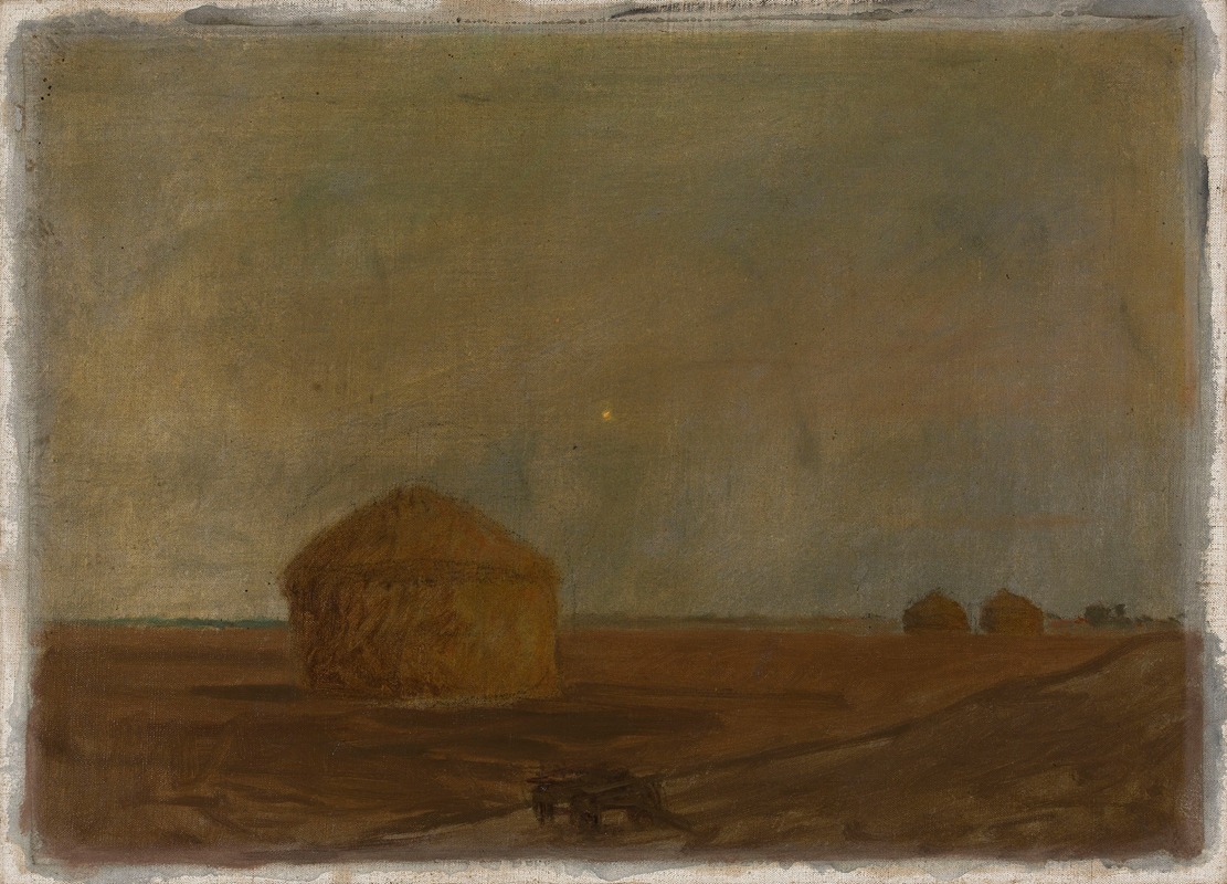 Haystacks at dusk by Unknown artist